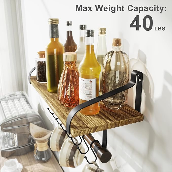 Love-KANKEI 17.3"Floating Wall Shelf Solid Wood,Coffee Bar Carbonized Black | Spice Rack,Towel Bar/8 Hooks,40 Lbs/shelf,Easy to Install,For Kitchen,Bathroom,Living Room,Bedroom,Office,Entryway Display