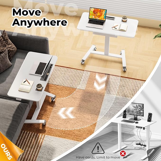 40"×20" Mobile Desk with Drawer, Rolling Desk with Storage | Height Adjustable Portable Laptop Desk on Wheels, Small Computer Desk with Cup Holder and Hooks for Study & Work, White