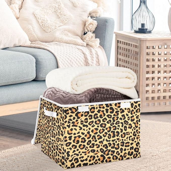 CaTaKu Large Fabric Storage Bins With Lids, Brown Leopard Print Storage Boxes With Handles for Organizing Clothes, Collapsible Storage Cube Bins Baskets for Shelves