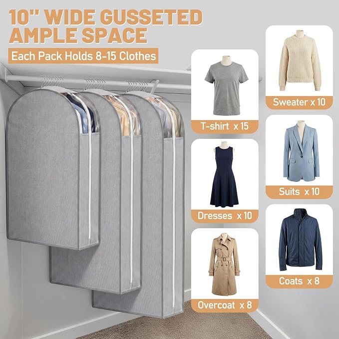 6 Pack Garment Bags for Hanging Clothes, 40"/50"/60" Suit Bags for Open Closet, 10" Gusseted Waterproof Dustproof Clothes Storage Closet, Dress, Coat, Travel (Window Style,Gray)