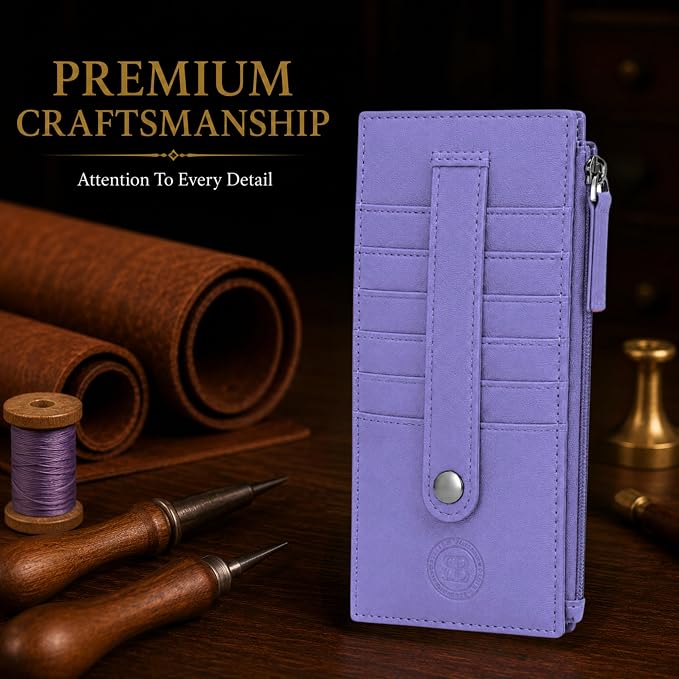 Leatherboss Genuine Leather Women's All in One Credit Business Card Case Holder Slim Zipper Wallet With a Card Protection Strap, Purple
