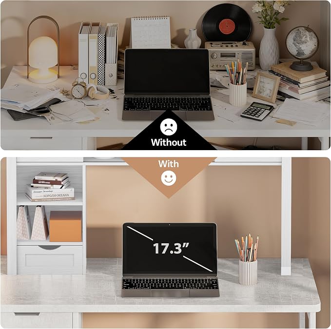 Large Desktop Bookshelf with Sliding Barn Door, 47.2''W Desk Shelf Display Rack, Desktop Organizer Storage Rack with 7 Cubbies and Drawer, Home, Desk Shelf for Office, Dorm, Vanity, White
