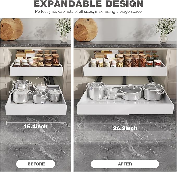 Seinloes 2 Pack Pull Out Cabinet Organizer 19" Deep,Full Extension 3 Slide Rails Slide Out Drawers With Raising Pad for Framed Cabinets,Expandable Width (15.4"-26.2"),No Drill Roll Out shelf,White