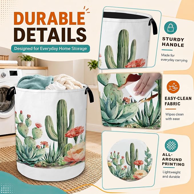Cactus Succulent Laundry Basket,Greenery Flower Foldable Oxford Laundry Hamper with Handles,Collapsible Clothes Storage Basket for Bedroom,Bathroom,or Laundry Room,20.8 x 16 Inches