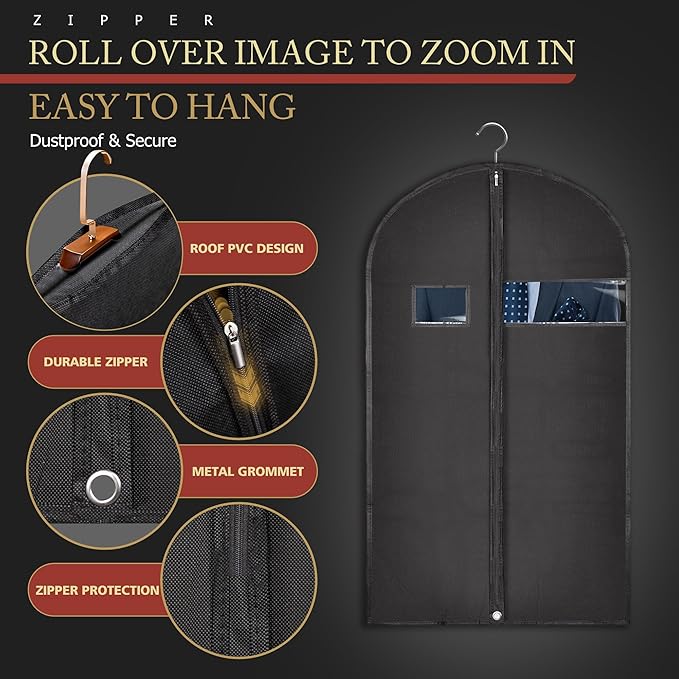 40-inch Garment Bags for Travel, Garment Bags for Hanging Clothes with Zipper and Visible Transparent Window, 2 Pack，Black