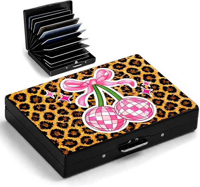 Cherry Metal Wallet Credit Card Protector Case Equipped RFID Blocking | with Pop-Up Button Slim Business Cards Holder Aluminum Cards Case Exclusive Cherry Leopard Gifts for Women Men