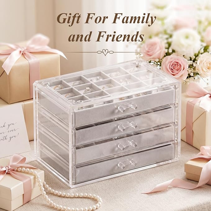 Clear Jewelry Organizer Earring Holder Organizer, Jewelry Box with 4 Drawers Clear Acrylic Stackable Earring Case with Adjustable Velvet Trays for Women and Girls, Grey