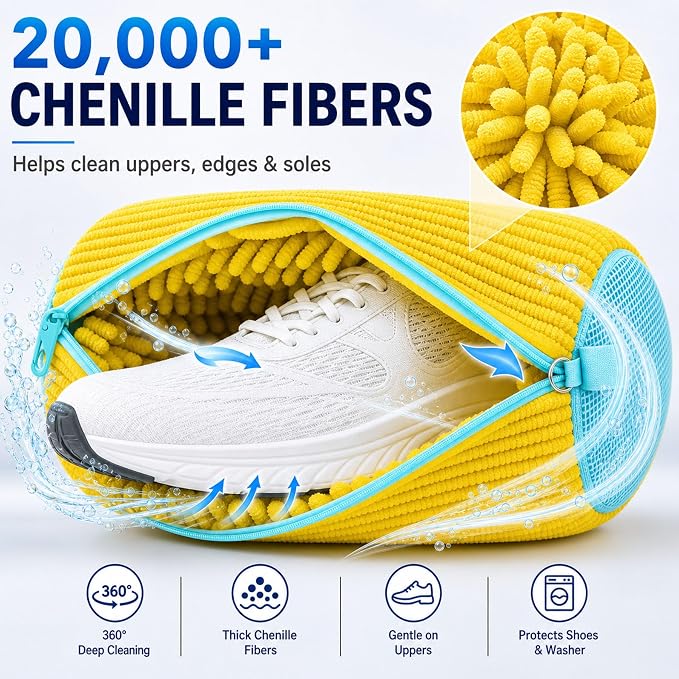 Shoe Washing Machine Bag 2 Pack with 2 Dust Bags for Washer Dryer | Chenille Microfiber Lining, 17 x 7.5 inch Cylindrical Shape, Auto-Lock Zipper, Foldable Yellow Laundry Wash Cleaner Pouches