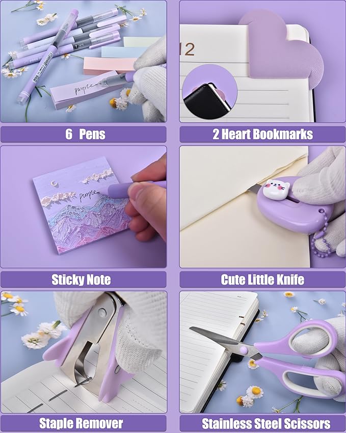 Purple Desk Accessories, 26Pcs Office Supplies and Desk Organizers, with Tape Dispenser, Stapler, Staple Remover Ect, Gift Box Packaging