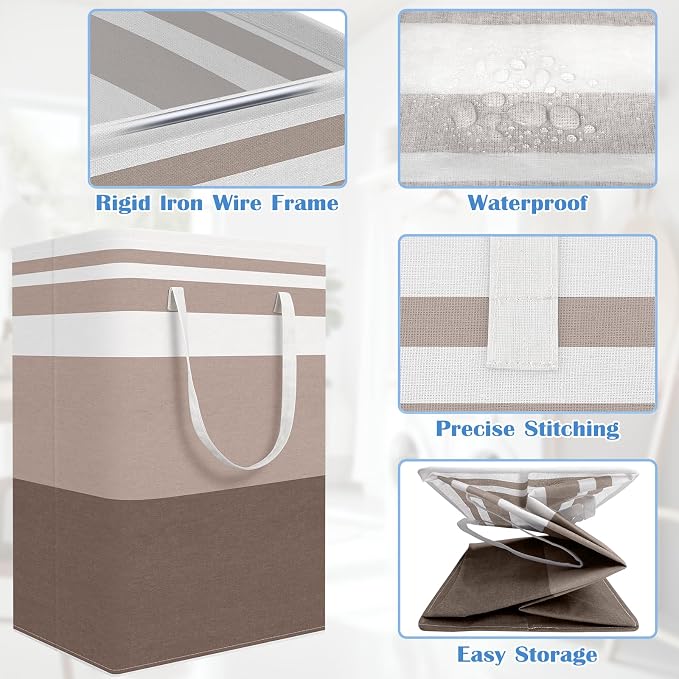 BlissTotes 3-Pack Laundry Basket, Freestanding＆Waterproof Laundry Hamper, Collapsible Tall Clothes Hamper with Easy Carry Handles for Clothes, Towels in the Family and Dorm,Gradient Khaki,100L
