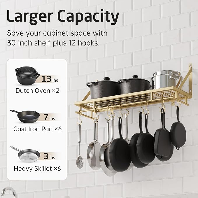 KES 30-Inch Gold Pot Rack, Wall Mounted Hanging Pot and Pan Organizer | 12 Sturdy Hooks, Elegant Modern Kitchen Wall Hanger Shelves, KUR215S75A-GD