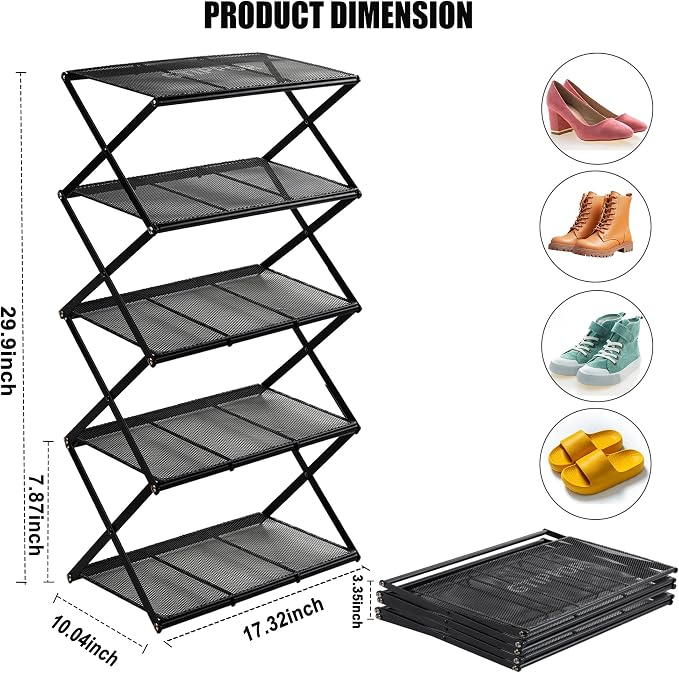 Shoe Rack for Entryway 5 Tier Foldable Metal Shoe Rack Organizer for Closet Front Door Entrance and Small Spaces Space Saving Black