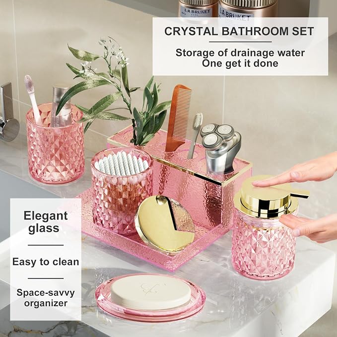 Pink Bathroom Accessories Set - 20PCS Glass Bathroom Set with Shower Curtain and Rugs, Soap Dispenser, Soap Dish, Cup, Qtip Jar, Toothbrush Holder, Stylish & Functional Bath Decor for Home, Apartment
