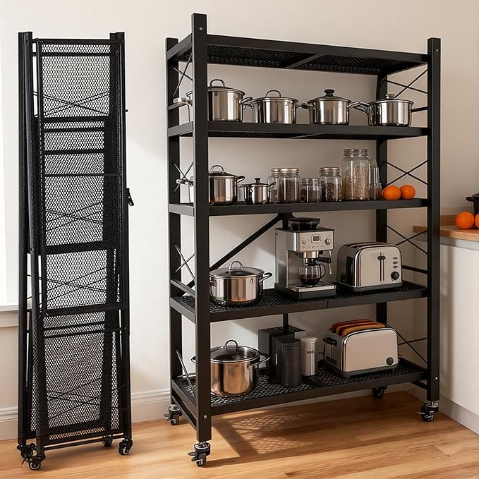 Folding Storage Shelves, Heavy Duty Garage Shelving Unit, Adjustable Metal Standing Storage Rack Shelf, No Assembly Wire Shelving Organizer with Wheels for Kitchen Pantry Warehouse (5-Tier, 1 Pack)