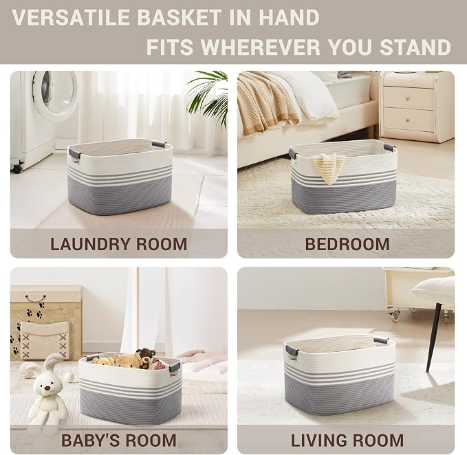 45L Small Woven Laundry Basket Hamper with Leather Handles,Grey | 18"x14"x11", collapsible wicker hamper, storage for dirty clothes, toys, blankets, gifts, living room, bedroom, bathroom