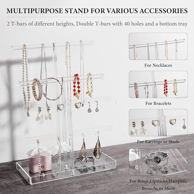 4-Tier Acrylic Jewelry Organizer Stand with Tray, 14.5" Tall Tangle-Free Clear Jewelry Display Holder for Hanging Large Necklace Bracelets Earring, Tower Tray Storage for Rings Watch Perfum