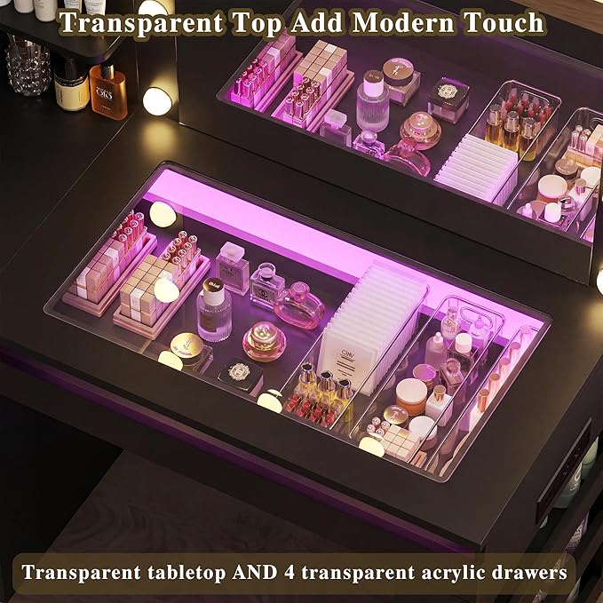 HUAHUU Vanity Desk with Lighted Mirror & Transparent Top, Makeup Vanity Desk with 4 Transparent Drawers and RGB Lighting, Built-in Power Outlet, 3-Tier Side Shelves & Storage Organizer for Bedroom