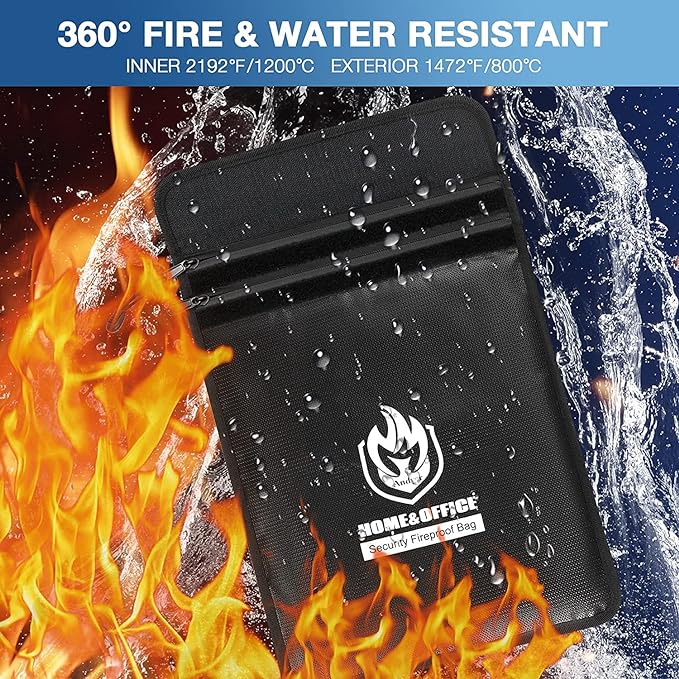 Upgraded Two Pockets Fireproof Document Bag (2000℉), andyer 15”x 11”Waterproof Fireproof Money Bag with Zipper, Waterproof Holder Pouch Fire Safe Envelope for Valuables, Legal Documents (Jet Black)
