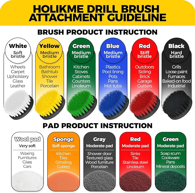 Holikme 11 Piece Drill Brush Attachment Set Scouring Pads Power Scrubber Brush Scrub Pads for Bathroom Surfaces, Floor, Tub, Shower, Grout, Tile, Corners,Cleaning Brush | Buffing Sponges, Nylon Grout Tools, Tile Bathtub Shower Floors Kitchen Car Interi...