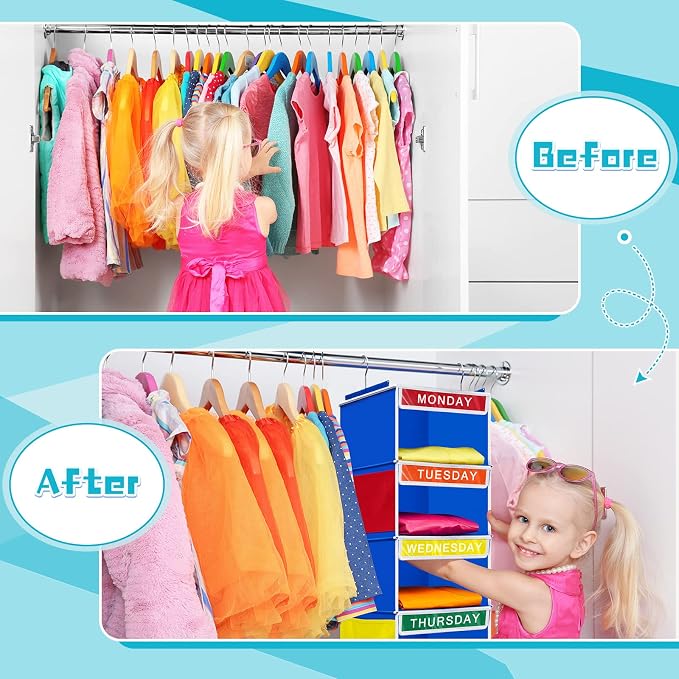 Amylove 2 Pcs 7 Shelf Weekly Clothes Organizer for Kids Hanging Closet Organizer 11. 8 x 11. 8 x 50 Inches Daily Activity Kids Clothes Storage Drawers Cube Drawers Closet Hanging Shelves(Blue)