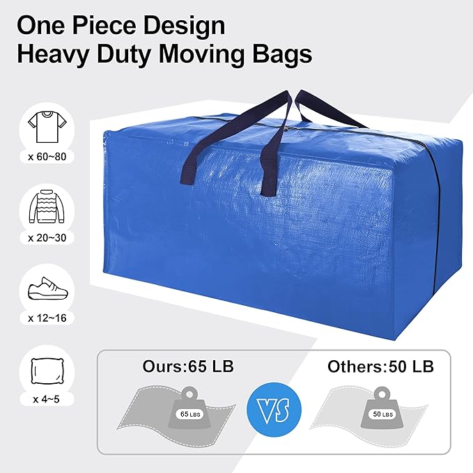 VELVETSURE Heavy Duty Extra Large Moving Bags W/Backpack Straps - Strong Handles & Zippers, Storage Totes For Space Saving, Fold Flat, Alternative to Box and Bin (Set of 6, Multicolor)