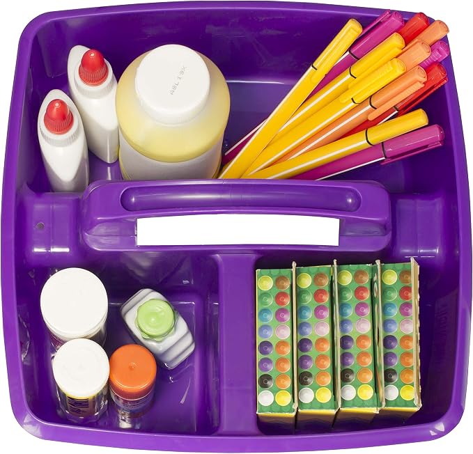 Storex 3-Compartment Small Caddy – Multipurpose Classroom Organizer with Handle, Purple, 5-Pack (00944U06C)