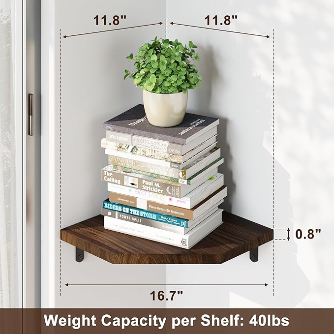 Alsonerbay Pine Wood Corner Shelves with Cord Hole 2-Pack, Carbonized Black | Diamond-shaped, cable management, 40 lbs/shelf, 0.79" thick pine, L-shaped metal brackets, for router & media devices