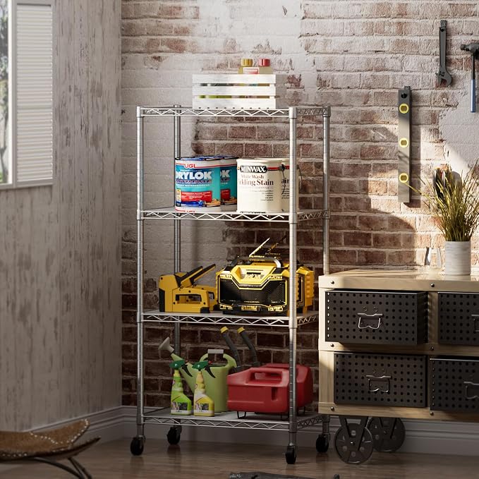 Golpart Shelves Storage Shelf Wire Closet Bathroom Organizers Metal Pantry | 4 tier Kitchen Garage Shelving Unit Laundry Room Organization Home Rack Net Basket White with Wheels 14”D X 24”W X 48.9”H
