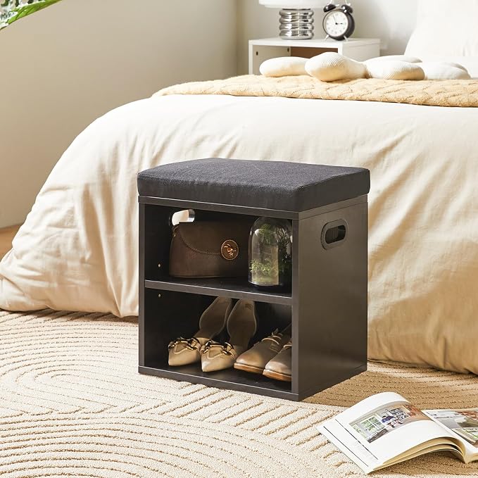 YMYNY Small Shoe Storage Bench with Cushion, Black, HBD028B | 2 Tier Entryway Bench with Storage, Small Shoe Rack Bench with Adjustable Shelf for Entryway 11 x 15.3 x 16.5 Inches