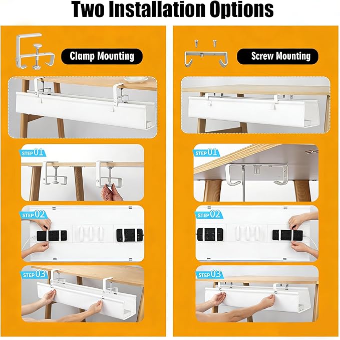 Oxford Cloth Under Desk Cable Management Tray,No-Drill 48" Desk Cable Management Organizer with Clip/Screw Installation,Fabric Cable Management for Home,Office & Gaming Computer(White)