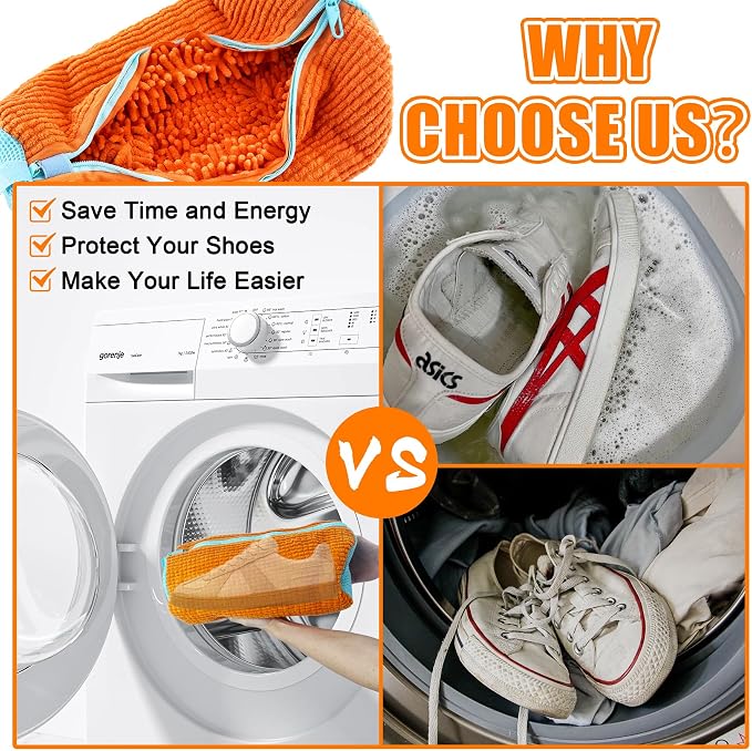 Shoe Washing Machine Bag, 2 Pack Shoe Laundry Bags for Washer and Dryer, Reusable Sneaker Wash Bag with Self-Locking Zipper, 360° Deep Cleaning, Protects Shoes and Washer(Orange)