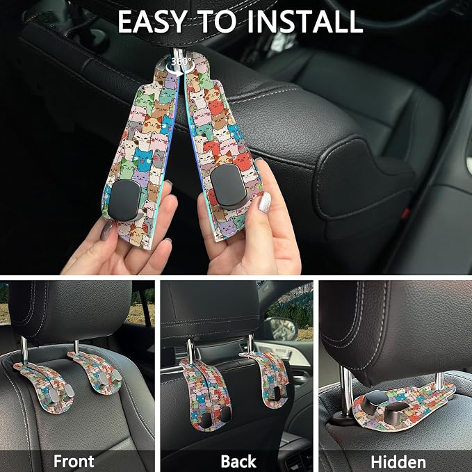 Blusabaca 2PCS Car Seat Headrest Hooks, Purses Bags Holder, Cute Cats | PU Leather, Double Metal Back Storage Hangers for Grocery Bags Handbags Bottles Coats Phones, Car Accessories Organization