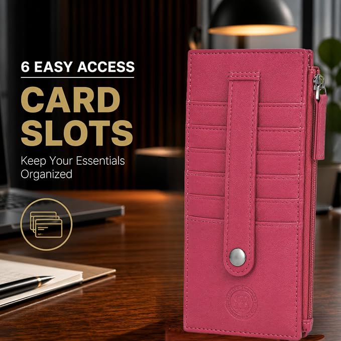Leatherboss Genuine Leather Women's All in One Credit Business Card Case Holder Slim Zipper Wallet With a Card Protection Strap, Pink