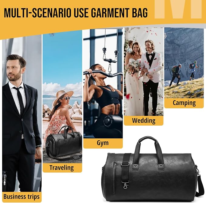 Convertible Garment Bag, Carry on Garment Duffel Bag with Shoulder Strap, Men's Women's Travel Clothing Bag with Shoe Compartment, 2-in-1 Hanging Suitcase Suit Business Travel Bag (Black)
