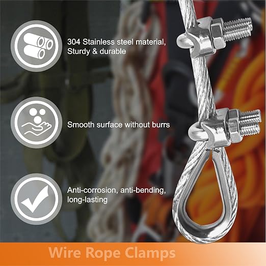 12 Pcs M10 Cable Clamps,Wire Rope Clamp,6 Pcs 3/8" Thimble | Stainless Steel Smooth Rods for Industry, Metal Working Hobbies and DIY Craft