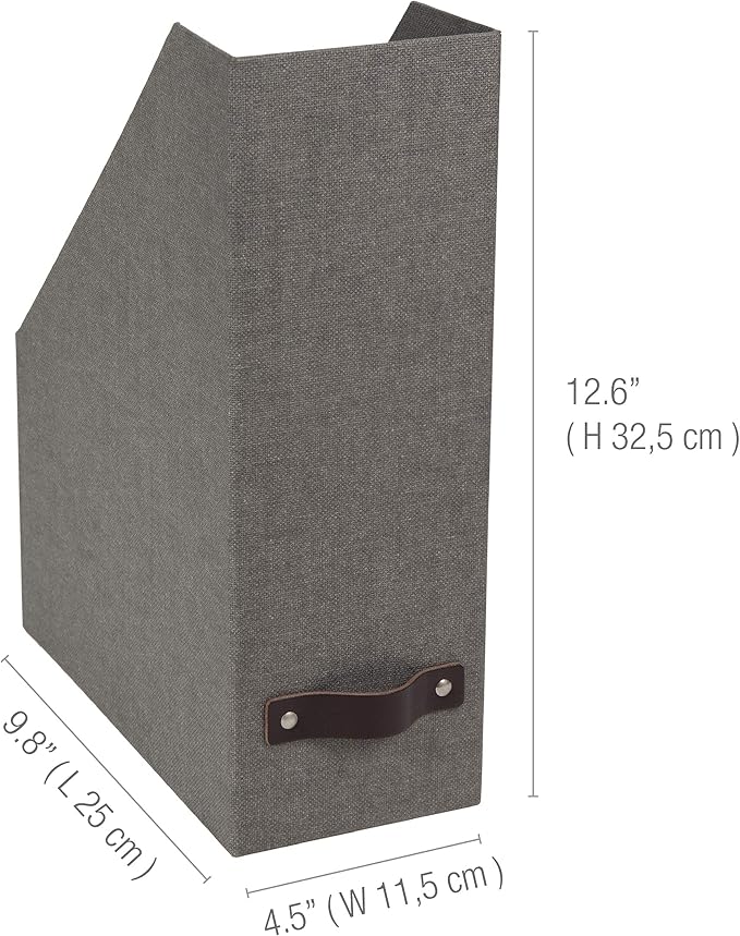 Bigso Box of Sweden Estelle Canvas Fiberboard Upright Magazine Storage Box Organizer for Papers & Catalogs w/Leather Handle | Magazine File Holder for Office Desks | 12.6" x 4.5" x 9.8" | Gray