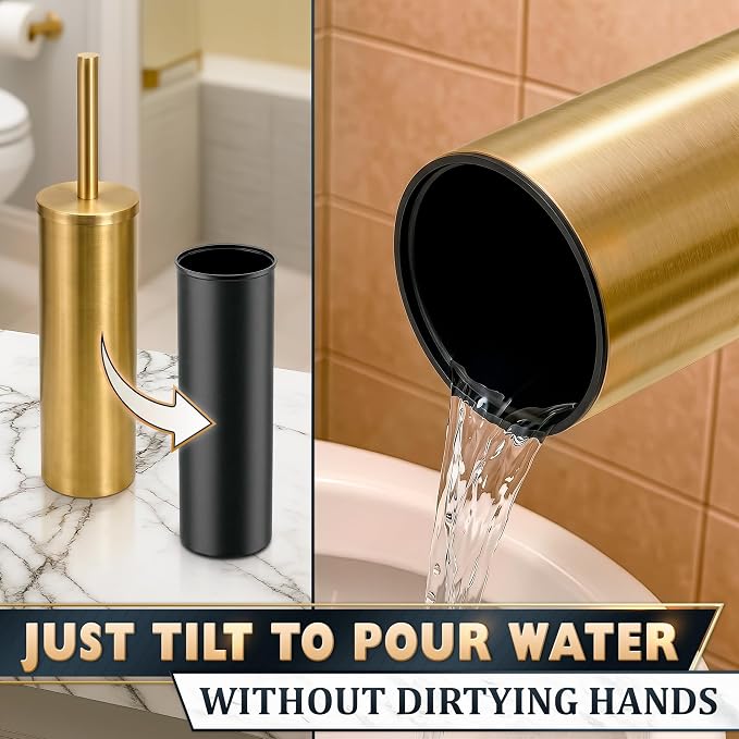 Gold Toilet Brush and Holder Set - Brushed Stainless Steel Gold Toilet Bowl Brush and Holder with Replaceable Head, Removable Inner Bowl, and Splash Protection - Dense Bristles for Thorough Cleaning