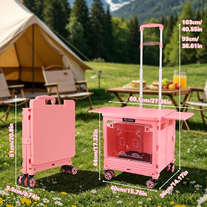 FELICON SELORSS Folding Utility Cart Portable Rolling Crate Handcart-Pink | Magnetic Sliding Lid+Lockable Transparent Front Panel,Telescoping Handle,4 Swivel Wheels Tote for Travel Shop Office Teacher