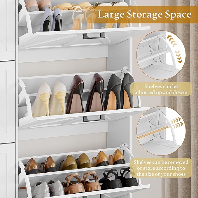 Wodeer Shoe Cabinet Storage for Entryway, Shoe Storage Cabinet with 6 Flip Drawers, Freestanding Narrow Shoe Rack Organizer with Metal Legs, Adjustable Shelves & Open Storage for Foyer, Hallway, White