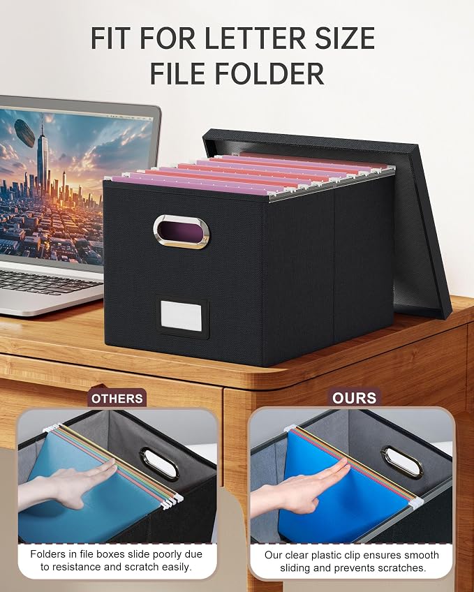 Oterri 2 Pack File Storage Organizer, Filing Box, Portable File Box with Lid, Fit for Letter/Legal File Folder Storage, Document Organizer, Black