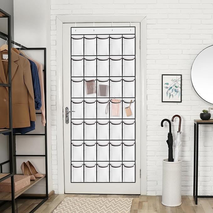 WVM Over the Door Shoe Organizer with 35 Breathable Mesh Pockets, Hanging Shoe Organizer for Door with 4 Metal Hooks, Large Capacity Closet Storage for Shoes, Accessories, White