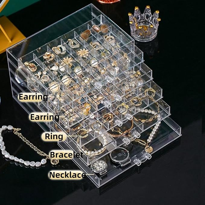 Feadily Acrylic Jewelry Organizer Box, Jewelry Drawer Organizer With 5 Drawers 79 Grids, Clear