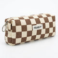 Soft Corduroy Pencil Case Pen Pouch Organizer, Small Stationery Bag | Cute brown checkerboard pouch, smooth zipper, daily cosmetics holder, compact organizer for school teen girls, women
