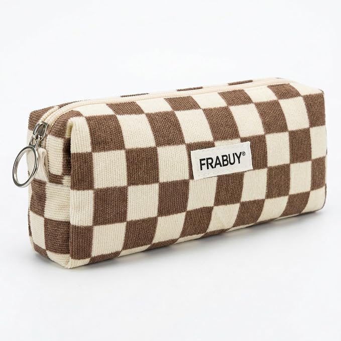 Soft Corduroy Pencil Case Pen Pouch Organizer, Small Stationery Bag | Cute brown checkerboard pouch, smooth zipper, daily cosmetics holder, compact organizer for school teen girls, women