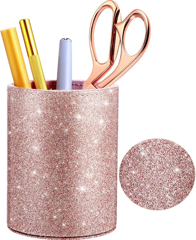 Outus Back to School Supplies PU Glitter Pen Holder Pencil Cup Shiny for Women Girls, Luxury Makeup Brush Holder PU Leather Organizer Cup Gift for Desk Office Classroom Home(Rose Gold)