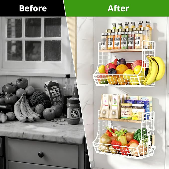 Magnetic Shelf for Fridge with Wood Lid, Fruit Potato and Onion Storage Bins, Pantry Organizers and Storage, Strong Magnetic Spice Rack for Refrigerator, Kitchen Counter and Laundry Room (X-Large)