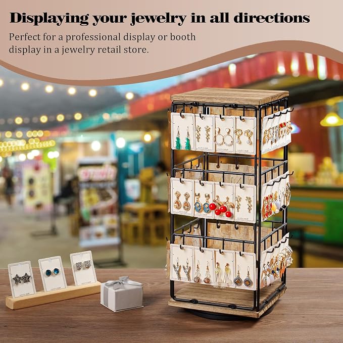 360 Rotating Earring Display Stands for Selling, Earring Rack Display Holder Stand, Jewelry Display for Vendors Selling Earring Cards, Necklaces, Bracelets, Hair Accessories (48 Hooks)