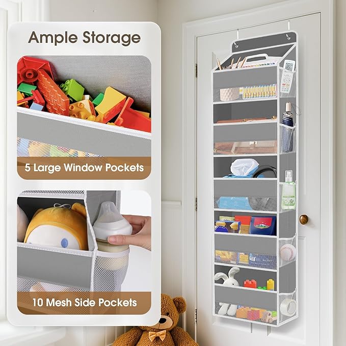 SpaceHacks 1 Pack Over The Door Organizer, Hanging Storage Organizer with Clear Window, 40lb Ultra Sturdy Large Capacity Room Organizer for Pantry Laundry Bathroom Nursery Closet Baby Essential (Grey)