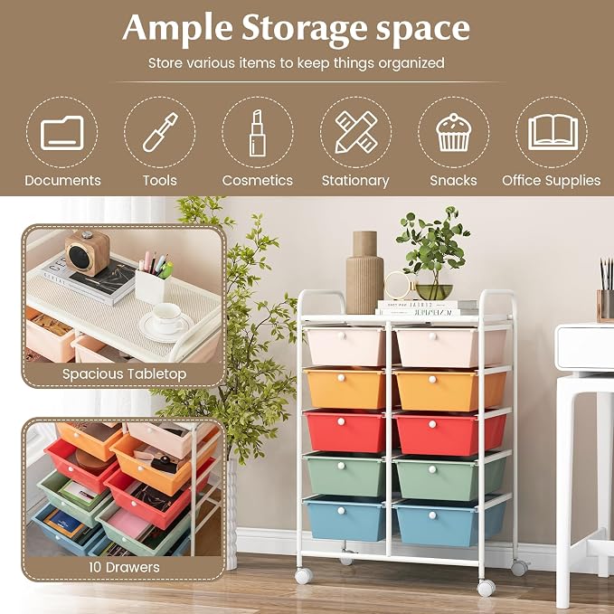 COSTWAY 10 Drawer Rolling Storage Cart, Utility Cart with Lockable Wheels | Mobile Art Supply Craft Organizer with Metal Frame, Multipurpose Drawer Cart for Paper for Office, School, Macaron