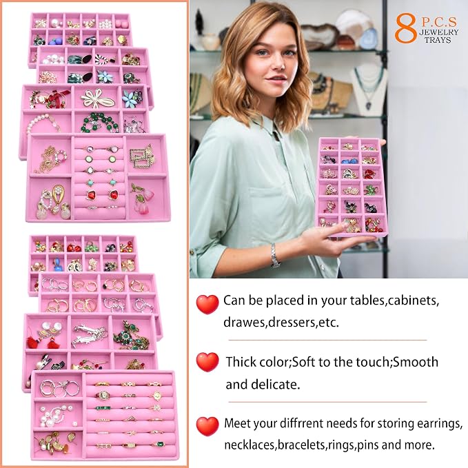 Jewelry Trays for Drawer Orgainzer Set of 8 Stackable Velvet Jewelry Organize Display Storage Box Earring Showcase Dresser Drawer Organizer for Earring Necklace Bracelet Ring